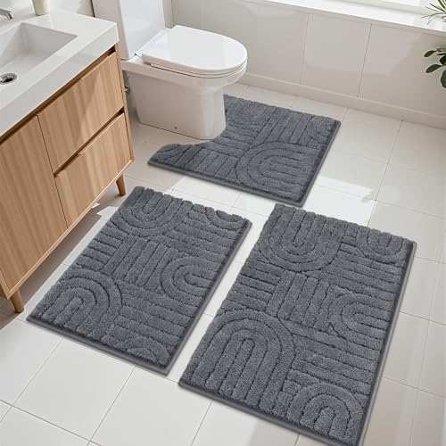 Vaukki Bathroom Rugs Sets 3 Piece, Grey Washable Non Slip Soft Bath Mats for Shower and Tub, Plush Absorbent Microfiber Toilet Rug U Shaped, 32x20+26x18+24x20 Inch - color: Grey, size: 18''x26''+20''x32''+20''x24''