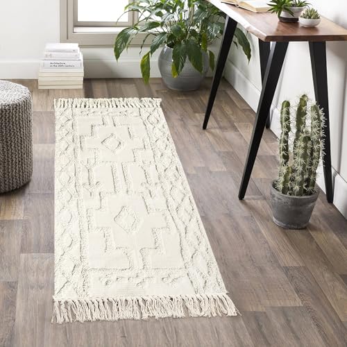 Uphome Boho Bathroom Runner Rug 2' x 4.3', Washable Woven Cotton Bedroom Rug Runners, Beige Aesthetic Tufted Entryway Runner Rugs, Bohemian Tribal Throw Rugs for Bedside Living Room Laundry Kitchen - color: Beige, size: 2' x 4.3' (Runner)