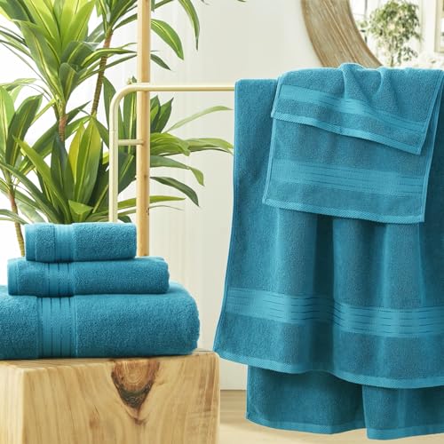COZYART Luxury Crystal Teal/Peacock Blue Bath Towels Set, Cotton Hotel Large Towels for Bathroom, Thick Bathroom Set of 3 with 1 Bath Towel, 1 Hand Towel, 1 Washcloth, 650 GSM - color: Crystal Teal/Peacock Blue, size: 3 Piece Towel Set