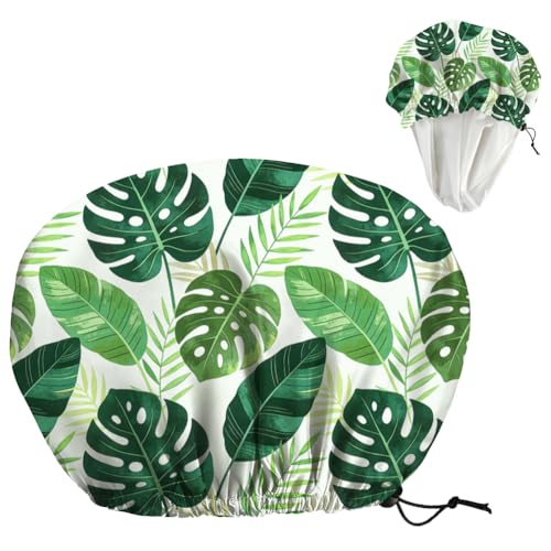Tropical Leaves Reusable Shower Cap Green Monstera Double Layer Waterproof Shower Caps Large Elastic Hair Cover Adjustable Hair - Drying Caps for Woman Man Bath SPA Travel One Size Fits Most - color: Tropical Leaves