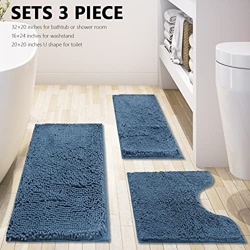 Bathroom Rugs Chenille 3-Piece Extra Soft and Absorbent Shag Bathroom Rugs, Machine Wash Mat, Strong PVC Non-Slip Underside, Plush Carpet Mats (Deep Blue) - color: Deep Blue, size: 2'8" x 1'8" (16x24"+20x32"+20x20"U shape）