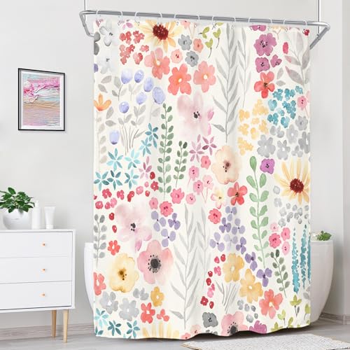 Riyidecor Narrow Small Stall Shower Curtain for Bathroom Decor 54Wx78H Floral Flower Cute Colorful Multicolor Plants Botanical Pink Art Printed Fabric Polyester Waterproof 12 Pack Plastic Hooks - color: A-pink, size: 54"W x 78"L (Pack of 1)