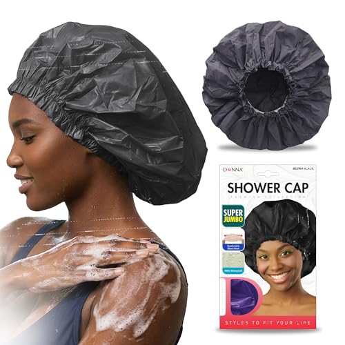 DONNA Super Jumbo Shower Cap – Comfortable Elastic Band, 100% Waterproof Hair Cap for Long Hair, Braids & Thick Styles, Reusable Big Shower Cap for Women, Keeps Hair Dry & Protected, Black - color: BLACK