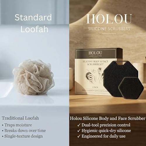 Silicone Body Scrubber & Silicone Face Scrubber 2 Pack – Exfoliating Body Scrubber & Silicone Loofah, Shower Scrubber for Women and Men – Holou