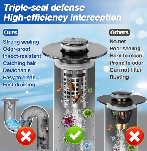 Bathroom Sink Drain Strainer, Pop-up Sink Drain Strainer with Removable Stainless Steel Strainer Basket Hair Catcher, Bathroom Sink Strainer for Bathroom Sink Stopper Replacement - color: Black
