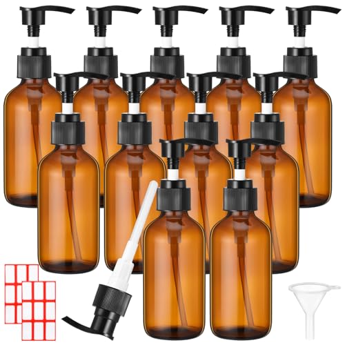 Tanlade 12 Pcs Glass Pump Bottle Dispenser 4 oz Travel Bottles with Pump Refillable Glass Containers for Toiletries Lotion Liquid Soap Shampoo Essential Oils Cosmetic Travel Accessories(Amber) - color: Amber