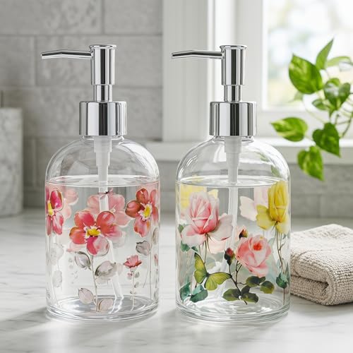Topadorn Hand and Dish Soap Dispenser Set, 2 Pack 17oz Glass Soap Dispensers with Pump, Refillable Kitchen Soap Bottles, Coordinated Floral Bathroom Counter Decor - color: Purple&yellow