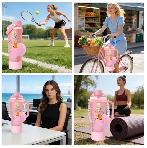 Compatible for Owala Accessories Bundle: Silicone Boot for FreeSip Sway 30oz & 40oz Bottles, Charms, Pearl Handle Strap, Rubber Bottom & Decorative Add-ons - color: Pink Peony