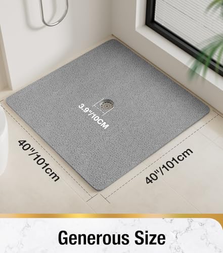 HITSLAM Square Shower Mat, 40 x 40 Inch Non Slip Bath Mat for Tub, Soft PVC Loofah Bathtub Mats with Drain Holes, Quick Drying Bathroom Stall Floor Mat, Bathroom Accessories Without Suction Cup, Grey - color: Grey, size: 40" x 40" (Square)