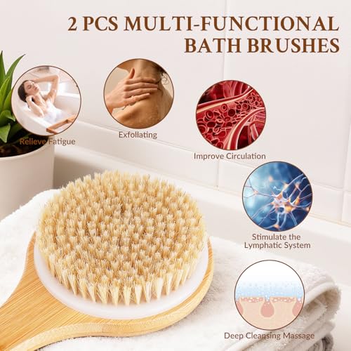 Long-Handled Bath Brush, Back SPA Exfoliating Brush Promotes Blood Circulation, Removes Dead Skin Cells, Nourishes Healthy Skin, Dual-Use Wet/Dry Body Brush, 2 Pack - size: Circle