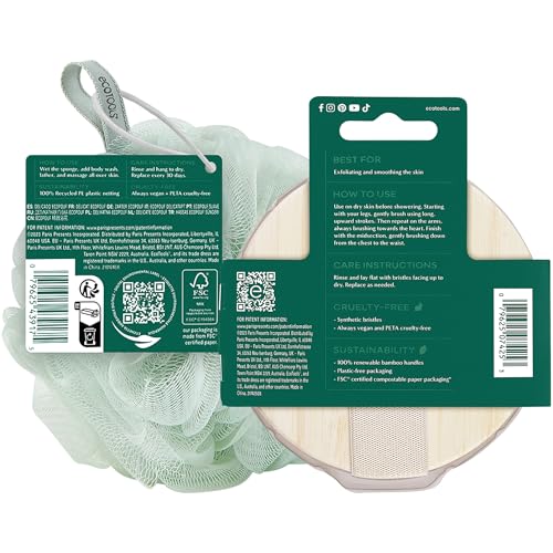 EcoTools Dry Body Brush for Circulation, Dead Skin Removal + Green Delicate EcoPouf Made with Recycled Netting for Cleansing and Exfoliating Sensitive Complexion, Self-Care Gifts - color: Green