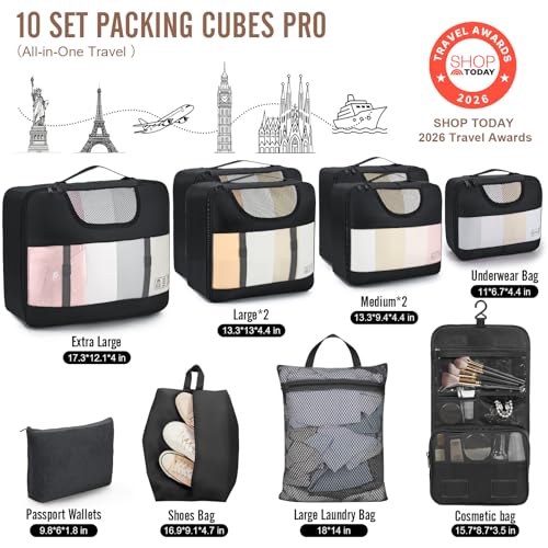 Veken 10 Set Packing Cubes for Travel Essentials,Anti-Wrinkle Buckled Suitcase Organizer for Shoe & Toiletry Bag,Carry On Luggage Bag with 99+ Count Mesh Holes for Airplane & College Dorm Accessories - color: 01 Black