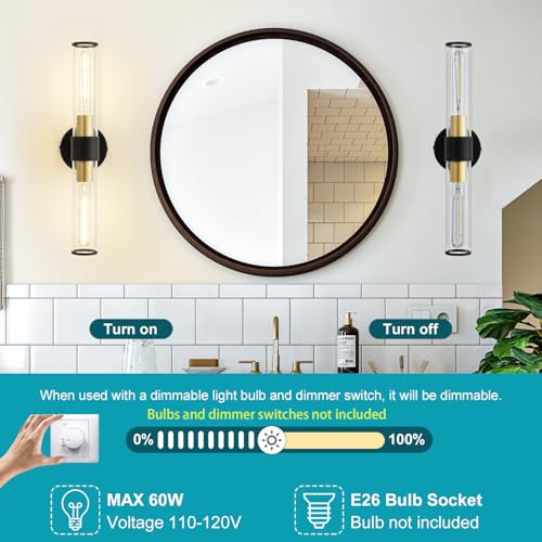 Hardwired Black Gold Vanity Light Clear Glass Wall Sconce | Up & Down Bidirectional Lighting, Damp Rated For Bathrooms, Dimmable, Rustproof Metal, 5-Year Manufacturer Warranty - color: Black Gold-A