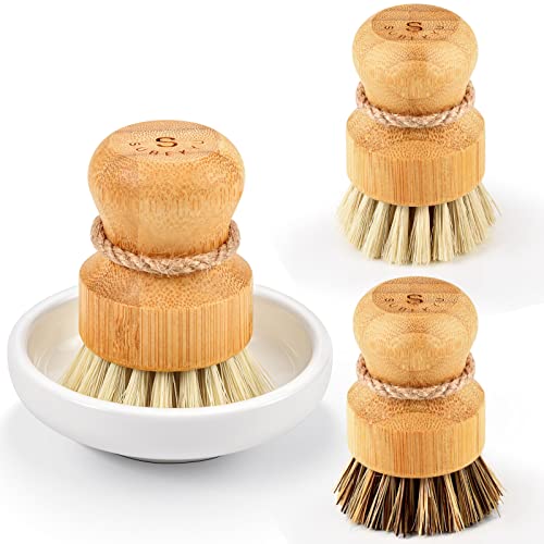 SUBEKYU Bamboo Dish Scrub Brushes, Kitchen Wooden Cleaning Scrubbers Set for Washing Cast Iron Pans/Pots, Set of 3 - color: Ceramic Dish+ 1p Palm+ 2p Sisal, size: Regular size