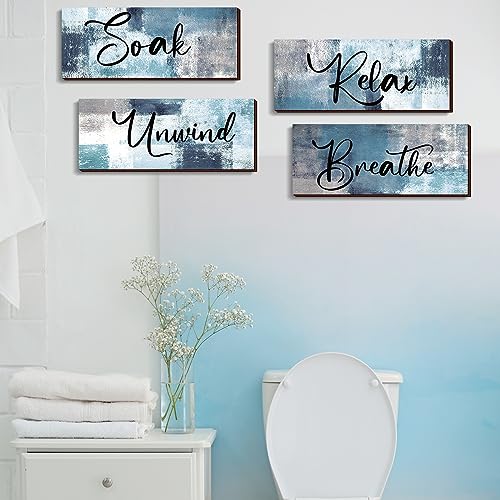 Maitys 4 Pcs Bathroom Wall Decor 10 x 4 Inch Bathroom Wall Art Contemporary Wood Restroom Pictures for Soak Unwind Relax Hanging Sign Spa Rustic Vintage Farmhouse Pediments(Blue, White) - color: Blue, White