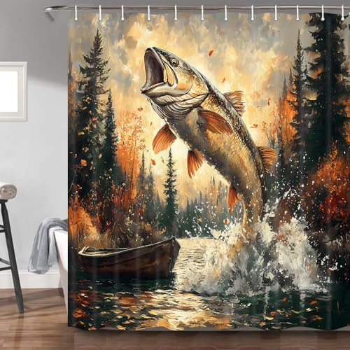 Rustic Cabin Shower Curtain, Farmhouse Country Lodge Fish Lake Fishing Decor Bath Curtains, Funny RV Hunting Camp Forest Nature Art Fabric Bath Curtain Decor with Hooks 36x72 Inches with Hooks - color: Bear, size: 36"W x 72"L (Pack of 1)