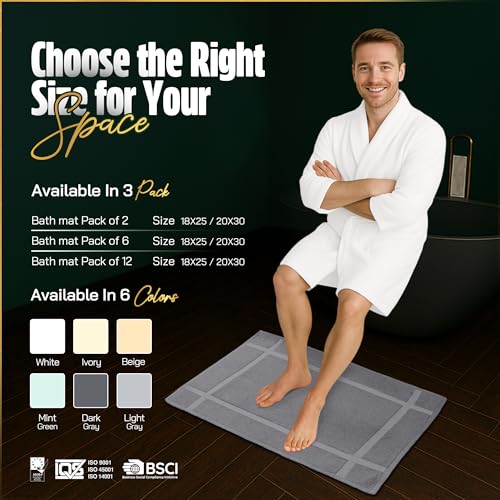 Pearl Linens 100% Ring Spun Cotton Bath Mat (Pack of 2) 20 x 30 Inch, Washable, Soft & Absorbent Terry Bathroom Floor Mat – Not Bathroom Rugs – Quick-Dry After Shower Bath Mat, 687 GSM, Light Grey - color: Light Grey, size: 20x30 - Set of 2
