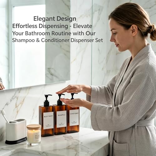 Shampoo and Conditioner Dispenser Set, 3Pack Refillable Shampoo and Conditioner Bottles with Labels, 500ml Soap Dispenser 16.9oz Shower Dispenser Square Pump Bottle for Bathroom and Kitchen - Amber - color: Amber - 3pack 16.9oz