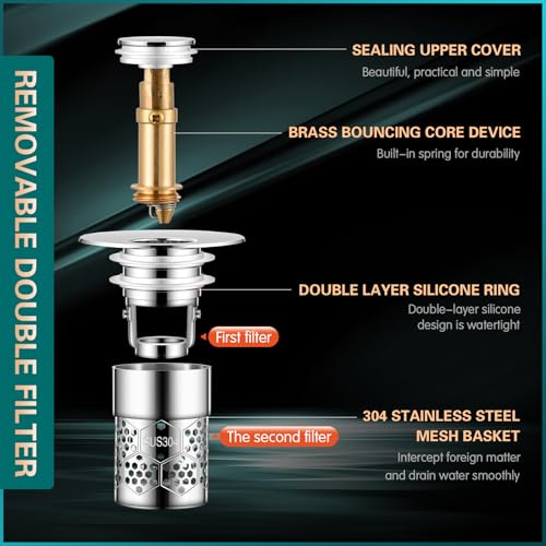 2Pcs Bathroom Sink Stopper with Hair Catcher, Pop Up Sink Drain Filter with Removable Stainless Steel Filter Basket Hair Catcher, for US 1.1''-1.417'' Drain, for Bathroom Sink Stopper Replacement