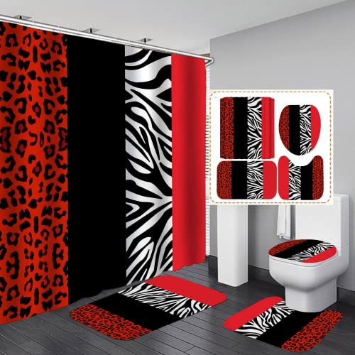 4PCS Leopard Print Shower Curtain Set with Rug, Toilet Lid Cover and Bath Mat,Red Black Splice Shower Curtain with 12 Hooks, Complete Bathroom Accessories Decor Set - color: A-red