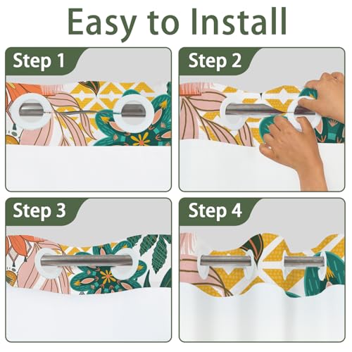 No Hook Boho Shower Curtain and Liner Set 71 x 74 Inch | Colorful Botanical Flower Print, Waterproof Fabric Bath Curtain with Breathable Mesh Top Window for Farmhouse Bathroom, Hotel - color: Green and Pink
