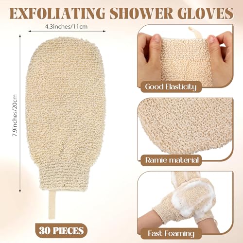 30 Pcs Exfoliating Shower Gloves Stretchable Ramie Bath Mitts with Hanging Loop Body Scrubber Exfoliator Loofah Washcloth Deep Clean Dead Skin for Spa Massage Skin Shower Hotel Use (Beige) - color: Beige