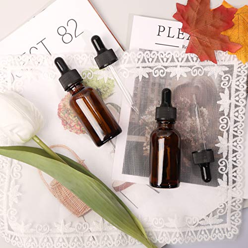 24 Pack 1oz Amber Glass Bottles with Glass Eye Droppers for Essential Oils, Perfumes & Lab Chemicals (Brush, Funnels, 2 Extra Droppers, 36 Pieces Labels & 30ml Measuring Cup Included) - color: Amber