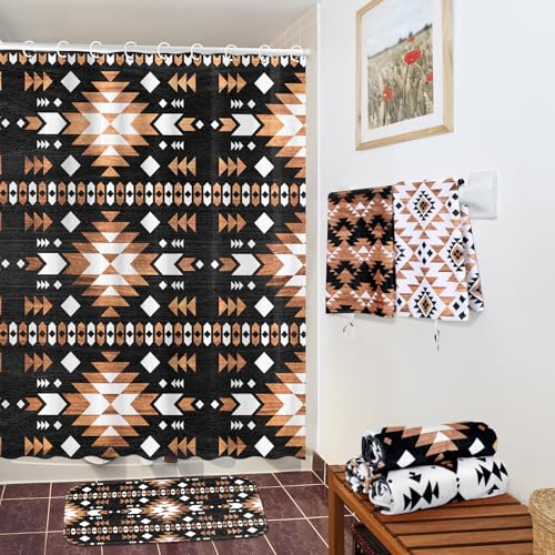 FuWeave 8 Pcs Western Aztec Shower Curtain Set, Southwestern Boho Geometric Bathroom Decor with Waterproof Curtain, Non Slip Rugs, Toilet Lid Cover, Bath Mat & 12 Hooks, Abstract Pattern for Bathroom - color: Aztec