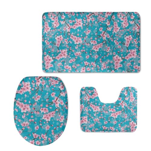 Cherry Blossom Bathroom Rug Set, Bath Rug +Bathroom Rug + Toilet Seat Cover, Super Soft Microfiber Water Absorbent & Non-Slip Bathroom Rugs with PVC Point Rubber Backing, Machine Washable - color: Cherry Blossom2