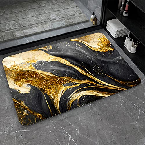 Diatomaceous Earth Bath Mat,Black Grey Gold Marble Texture Non-Slip Volume Super Absorbent Fast Drying for Bathroom Kitchen Door mat,Eco-Friendly Easy to Clean 16×24Inch (40 * 60cm) - color: Black Grey Gold Marble Texture, size: 1'4" x 2'0" (Rectangular)