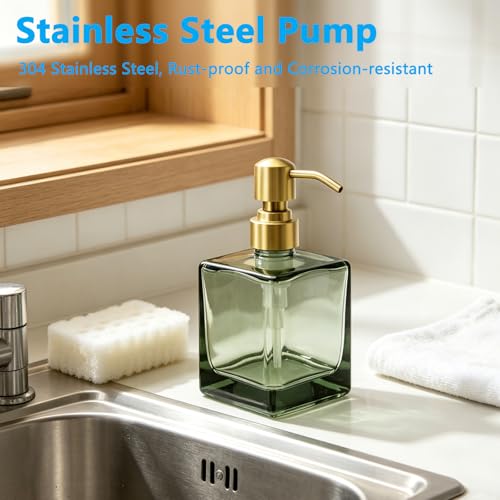 Square Bathroom Soap Dispenser Green Bottle with Brushed Gold Pump, Retangle Cube 8.4 oz Glass Bottles with Stainless Steel Pump Hand Liquid Soap Dispenser Kitchen - color: Green and Brushed Gold Pump, size: 8.4oz-Square