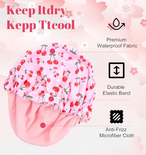 Terry Lined Shower Cap, Shower Cap with Terry Cloth Lining Large Reusable Waterproof with Elastic Band for Long Thick Hair (Pink)