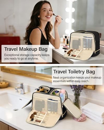 Hanke Travel Toiletry Bag, Lightweight Wide-open Large Toiletry Bags for Women, Dual-Layer Makeup Bag Water-Resistant Cosmetic Travel Bag with Handle for Accessories, Essentials, Black - color: Black