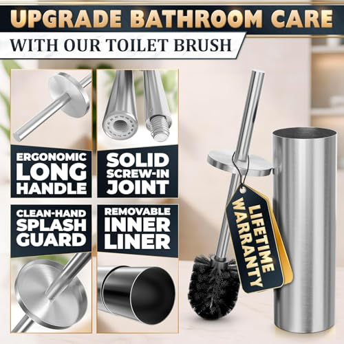 2 Pcs Stylish Stainless Steel Toilet Brush and Holder Set - Silver Toilet Bowl Brush and Holder with Splash Cover, Sturdy Bristles, Corrosion & Scratch Resistant - Elegant Design, Effective Cleaning - color: Silver 2 Pcs