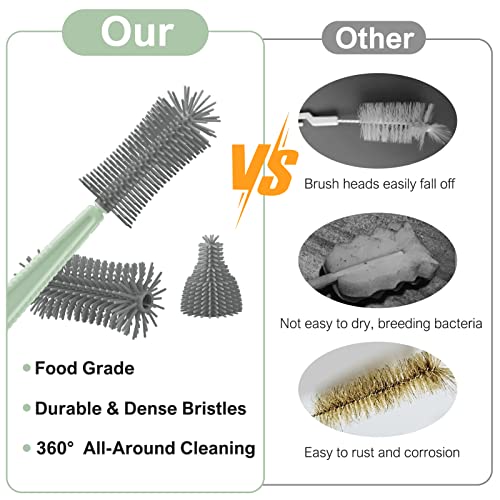 Baby Bottle Brush Set,6 in 1 Travel Silicone Bottle Cleaner Kit with Extendable Brush,Built-in Drying Rack,Nipple & Straw Brushes,Soap Dispenser & Organizer Case – Baby Shower Gift for New Moms - color: Green