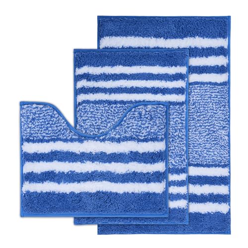 3-Piece Striped Bath Rug Set with U-Shaped Toilet Rug, Non-Slip Rubber Bottom, Soft Absorbent Microfiber, Quick Dry, Ultra Soft, Bath Mats for Tub - Sky Blue - color: Sky Blue