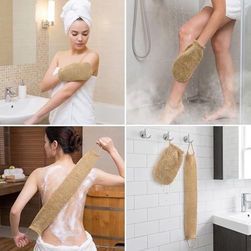 2 Pack Exfoliating Back Scrubber for Shower, Extra Rough Exfoliating Washcloth Towel and Shower Bath Glove, Natural Body Exfoliator, Deep Clean Back Scrubber Spa Tool for Glowing Skin