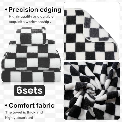 Kinlop 6 Pcs Checkered Bath Towels Set Back to School Lightweight Coral Washcloth Quick Dry Patterned Thin Coral Fleece Hand Towel for Bathroom Gym Spa Beach Accessory(Dark Grey,Checkered) - color: Dark Grey, style: Checkered