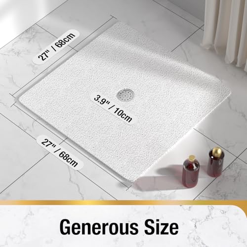 HITSLAM Square Shower Mat, 27 x 27 Inch Non Slip Bath Mat for Tub, Soft PVC Loofah Bathtub Mats with Drain Holes, Quick Drying Bathroom Stall Floor Mat, Bathroom Accessories Without Suction Cup, White - color: White, size: 27" x 27" (Square)