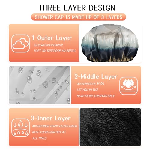 Luxury Shower Cap Terry Lined Reusable Triple Layer Waterproof Hair Elastic Caps Shower Bath Hat for Women Girls Cute Aesthetic-Forest - color: AL14-Forest