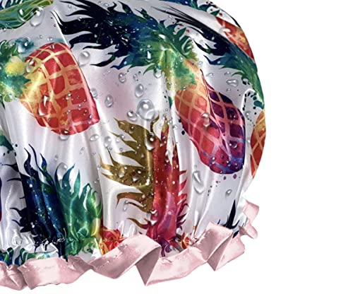 WIRESTER Elastic Reusable Bathing Hair Cap, Waterproof Shower Cap, Fashion Bath Cap for Women Girls - Colorful Pineapples