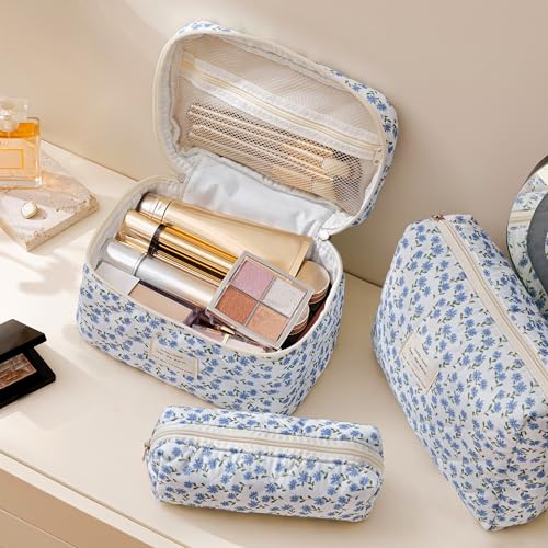 HBselect Quilted Makeup Bag, 3PCS Cotton Large Travel Makeup Bag, Cute Floral Coquette Make up Bag Cosmetic Bag Toiletry Bag for Women Girls - color: A-3PCS-Floral 24