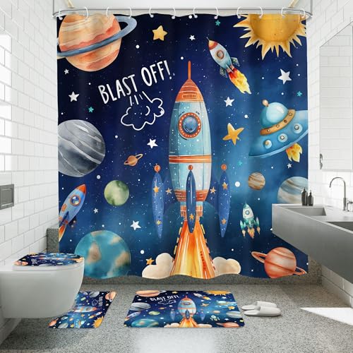 4 PCS Kids Boys Shower Curtain Set 72Wx72H Cartoon Planets Space Universe Bathroom Set Non-Slip Bath Rug Toilet Lid Cover U Shape Mat Complete Bathtub Accessories with 12 Hooks Bathroom Decor - color: D 01space, size: 72"W x 72"L (Pack of 4)