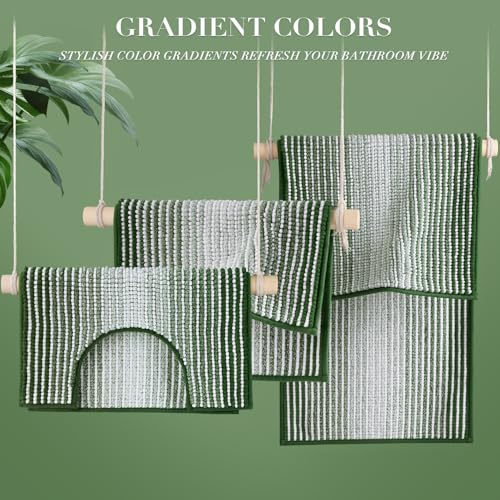 BSICPRO Bathroom Rugs Sets 3 Piece, Toilet Rugs U-Shaped Contour Bath Mat Set, Striped Absorbent Non Slip Chenille Shower Mat, Hunter Green - color: Hunter Green, size: 20"x32"+16"x24"+U Shape 20"x24"