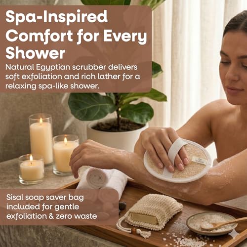 L'Exfose Organic Natural Loofah Body Scrubber for Shower – Dual Sided Egyptian Fiber Plastic Free Loofah – Quick Dry Natural Body Scrubber with Sisal Soap Saver Bag – Minimal Spa Gift for Men Women - color: Natural Cream