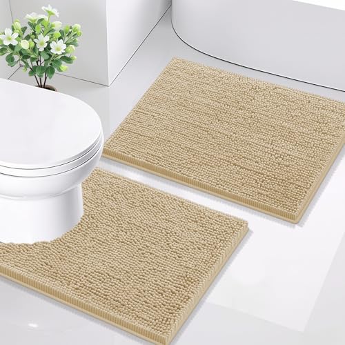 Smiry Bathroom Rugs Set 2 Piece, Soft Absorbent Chenille Bath Mat and U-Shaped Toilet Rug Set, Non Slip Shaggy Bath Carpet for Tub, Shower and Floor (24x16+24x20, Beige) - color: Beige, size: 24"x16"+ U Shape 24"x20"