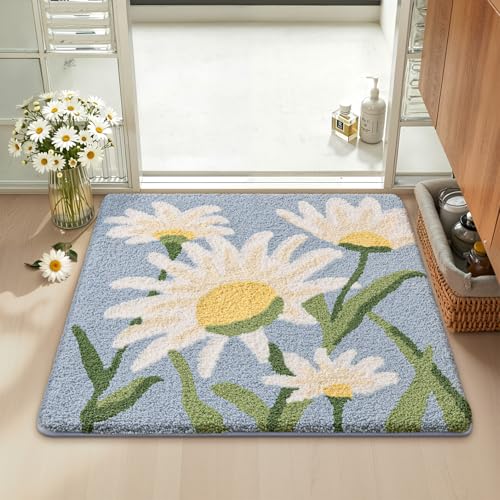 LUMI Bathroom Rugs Cute Daisy, Soft Absorbent Squarer Bath Mat Non-Slip, Machine Washable Quick Dry Blue Luxury Rug Flower for Kids Room, Bathtub, Home Decor, 26"x26" - color: Blue Daisy, size: 26"x26"(Square)