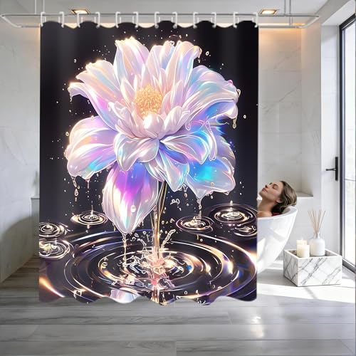 4 Piece Lotus Shower Curtain Set with Rugs, Luxury Iridescent Effect Flower & Crystal Water Ripple Bathroom Decor, Waterproof Fabric Curtain, Non-Slip Bath Mat & Toilet Lid Cover - color: Pink Purple