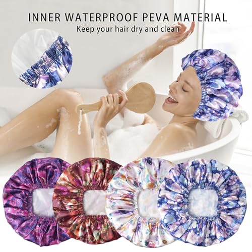 4 PCS Shower Cap for Women, Elastic and Reusable Bath Caps, Double Layers Shower Caps Reusable Waterproof, Bathing Shower Caps, Environmental Bath Hair Protection Cap - Printing Flower D - color: Printing Flower D