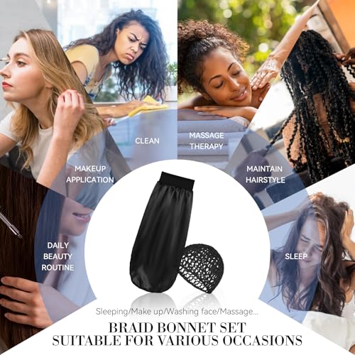 Long Hair Bonnet-Hair Wrap Net for Silk Press Set Braid Bonnet for Sleeping Extra Long Wrap Cap 2 Piece Set Anti Frizz Reusable Elastic Shower Cap for Braids, Curly (black net, black bonnet) - color: Black Net, Black Bonnet